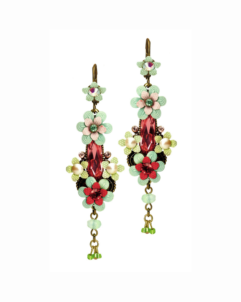 Elegant Romantic Vintage Brass Floral Dangle Drop Statement Earrings w/ Swarovski Crystals - Jewelry for Women - 6.5cm/2.56" - Nickel Free
