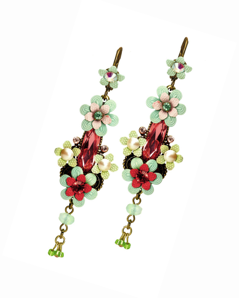 Elegant Romantic Vintage Brass Floral Dangle Drop Statement Earrings w/ Swarovski Crystals - Jewelry for Women - 6.5cm/2.56" - Nickel Free