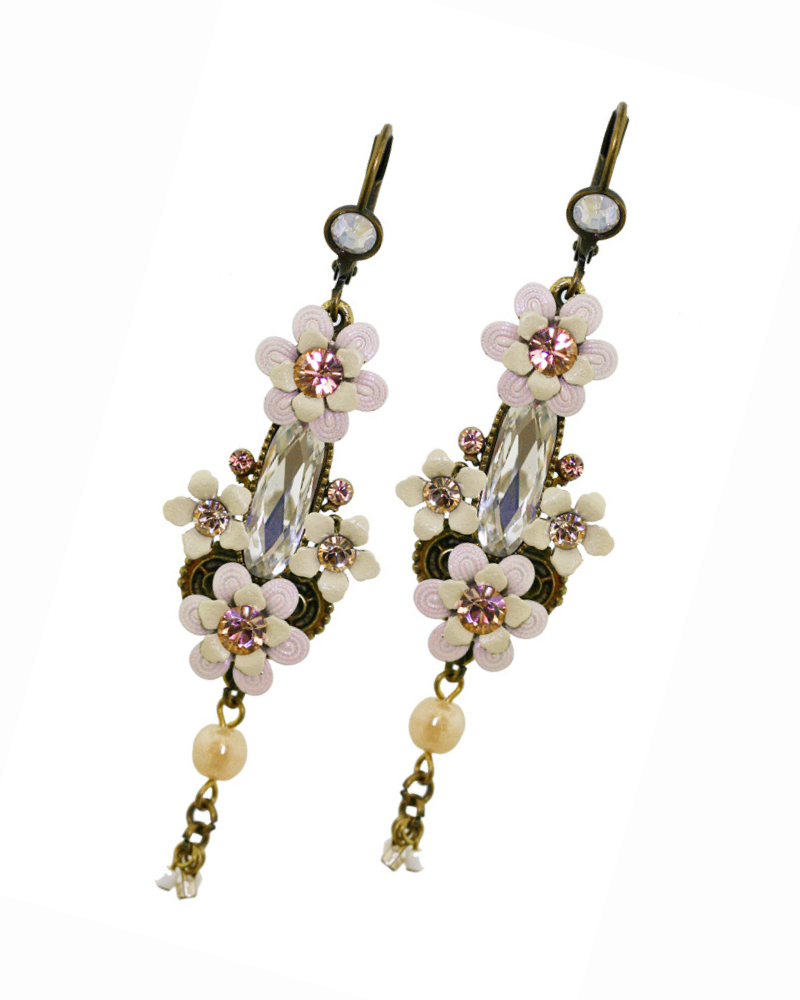 Elegant Romantic Vintage Brass Floral Dangle Drop Statement Earrings w/ Swarovski Crystals - Jewelry for Women - 6.5cm/2.56" - Nickel Free