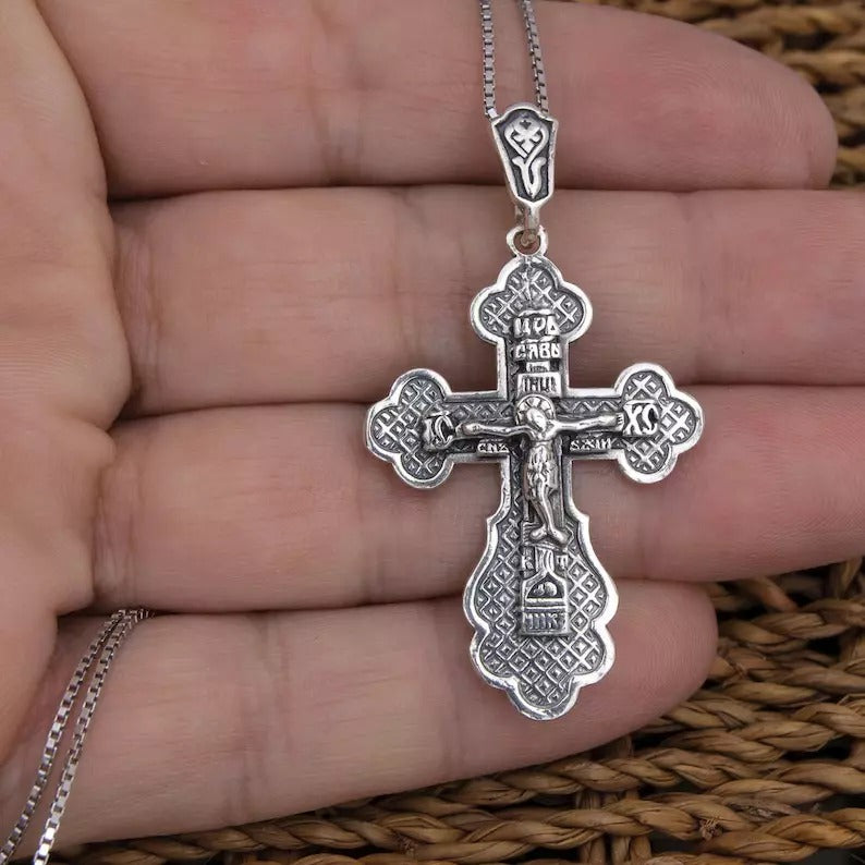 Big Sterling Silver Crucifix Cross Christian  Pendant Necklace - for Women and Men - 0.7"/1.8cm - Consecrated in Church of Holy Sepulchre, Jerusalem