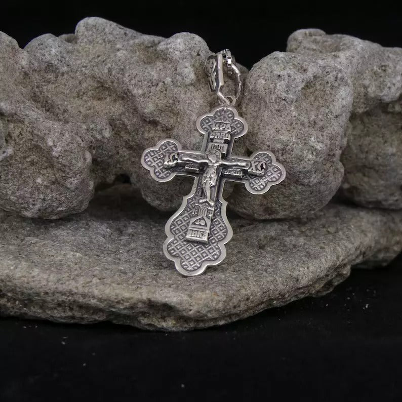 Big Sterling Silver Crucifix Cross Christian  Pendant Necklace - for Women and Men - 0.7"/1.8cm - Consecrated in Church of Holy Sepulchre, Jerusalem
