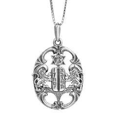 Sterling Silver Lion Of Judah & 10 Ten Commandments Necklace Pendant - 1.6"/4cm