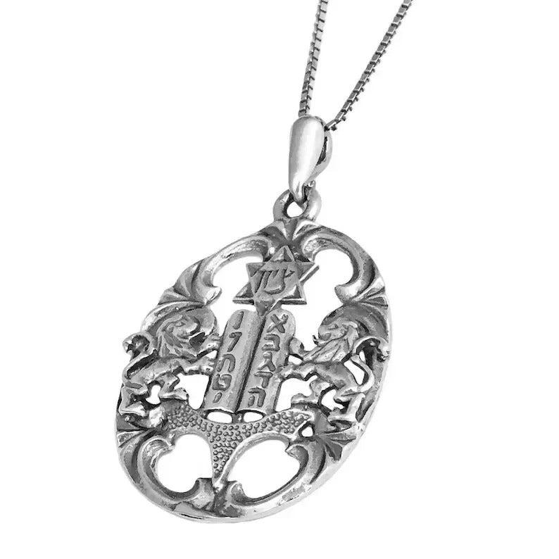 Sterling Silver Lion Of Judah & 10 Ten Commandments Necklace Pendant - 1.6"/4cm
