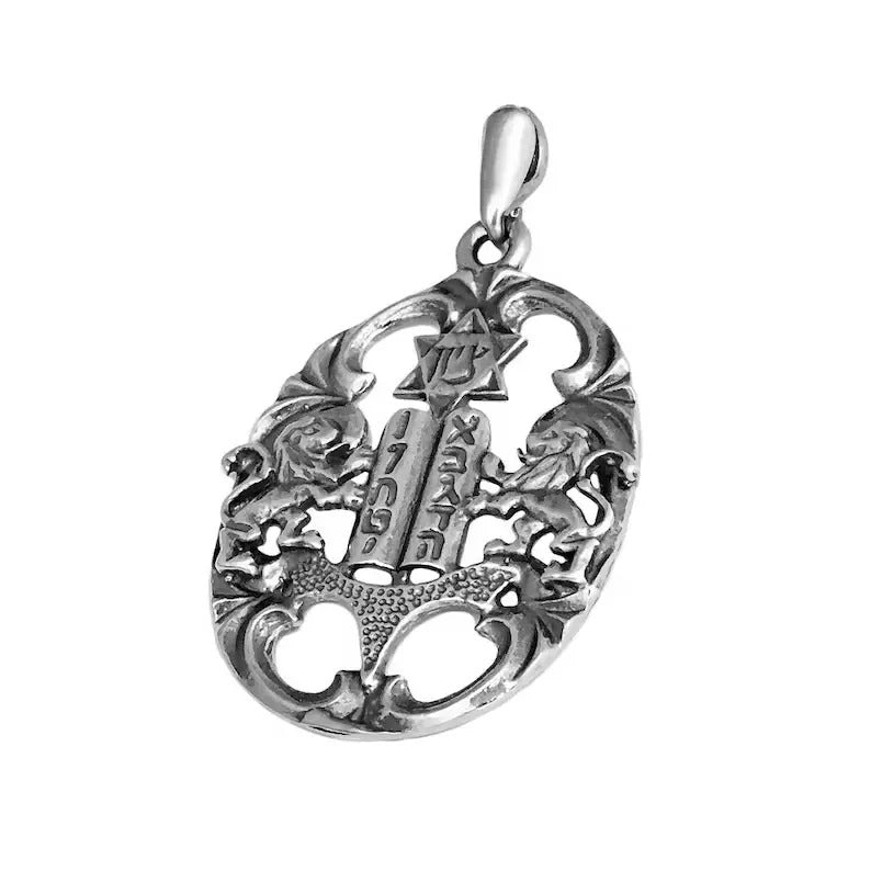 Sterling Silver Lion Of Judah & 10 Ten Commandments Necklace Pendant - 1.6"/4cm