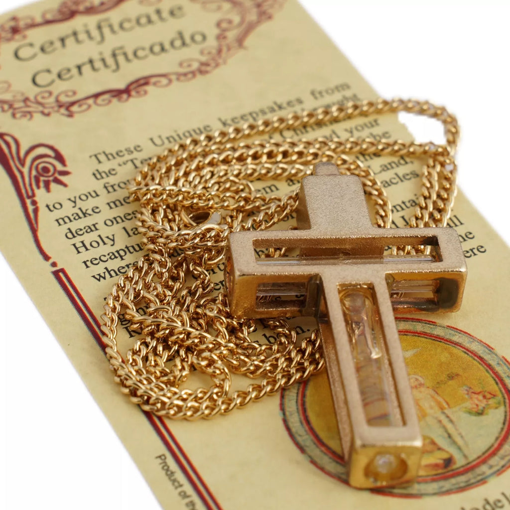 Blessed Metal Cross Pendant Necklace w/ Holy Water & Soil Jerusalem 34cm/13.5"