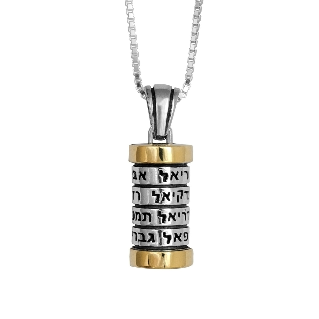 Pendant Mezuzah w/ 12 Names of Angels Amulet Sterling Silver & Gold 9K Amulet