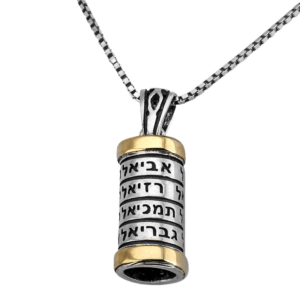 Pendant Mezuzah w/ 12 Names of Angels Amulet Sterling Silver & Gold 9K Amulet