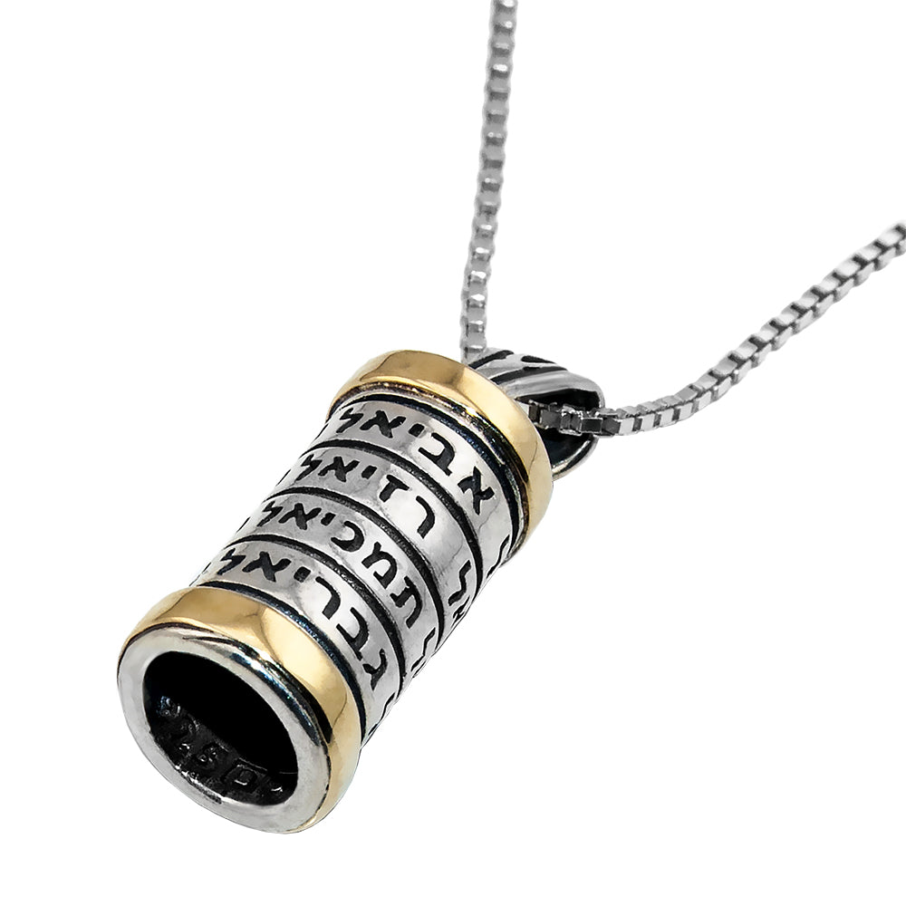 Pendant Mezuzah w/ 12 Names of Angels Amulet Sterling Silver & Gold 9K Amulet