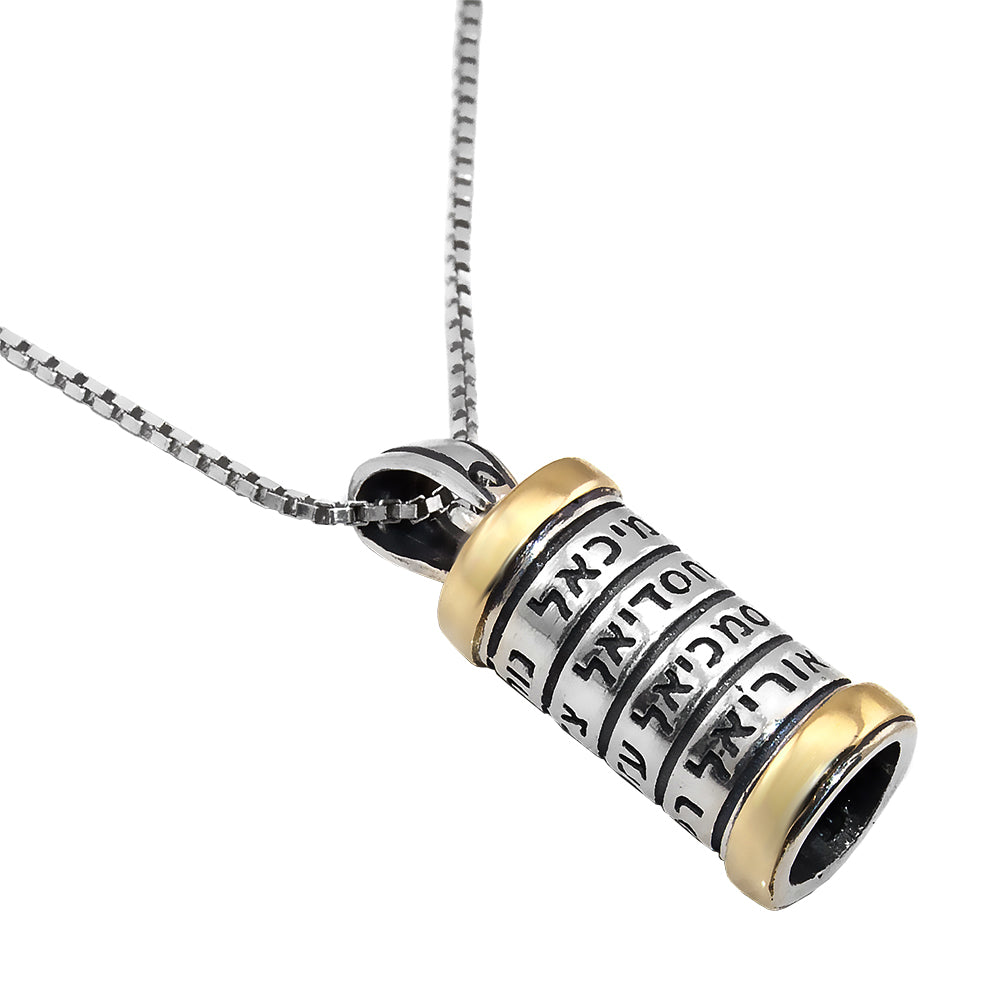 Pendant Mezuzah w/ 12 Names of Angels Amulet Sterling Silver & Gold 9K Amulet
