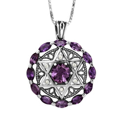 Kabbalah Pendant Star of David Amethyst Gemstones w/Crystals CZ Sterling Silver