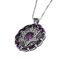 Kabbalah Pendant Star of David Amethyst Gemstones w/Crystals CZ Sterling Silver