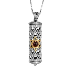 Pendant Mezuzah w/ Star of David Gold 9K Garnet Gemstone Sterling Silver Amulet