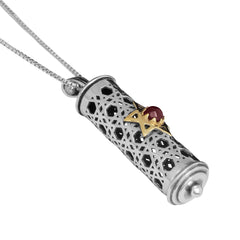 Pendant Mezuzah w/ Star of David Gold 9K Garnet Gemstone Sterling Silver Amulet
