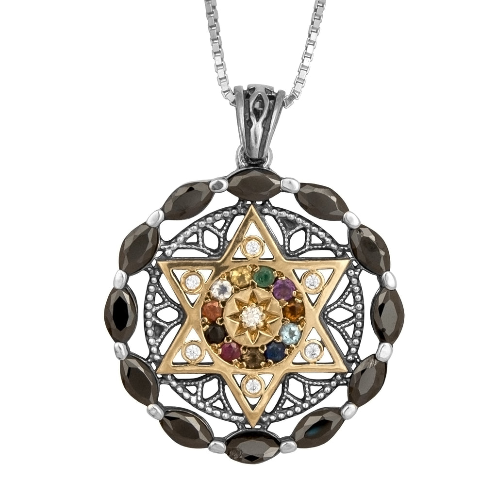 Pendant Kabbalah The Priestly Blessing Hoshen Black Onyx Sterling Silver&Gold 9K