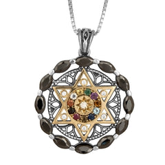 Pendant Kabbalah The Priestly Blessing Hoshen Black Onyx Sterling Silver&Gold 9K