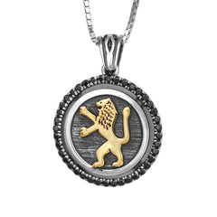 Pendant Sterling Silver w/ Gold 9K Lion of Judah & Black Onyx Amulet Kabbalah