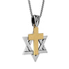 Image of Messianic Pendant Star of David w/ Cross Gold 9K Sterling Silver Necklace 0,95"