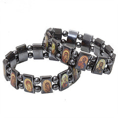 Set of 3 pcs  Religious Stretch Elastic Hematite Bracelet With Christian Icons Holy Land