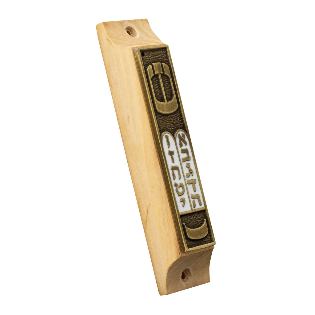 Door Mezuzah Case Olive Wood Enamel Non-Kosher Scroll Torah Ten Commandments from Jerusalem Shema Israel 3,8"