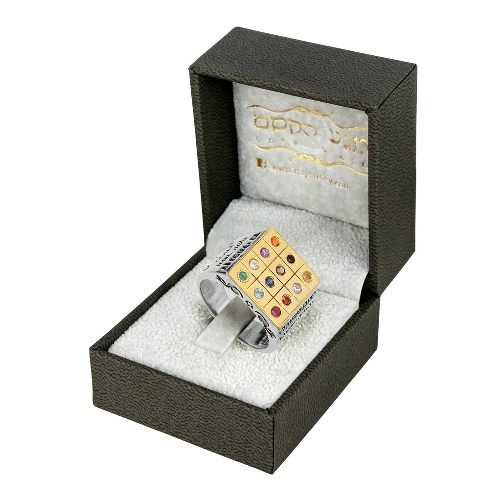 Kabbalah Signet Ring w/ Hoshen 12 Tribes of Israel Sterling Silver & Gold 9K