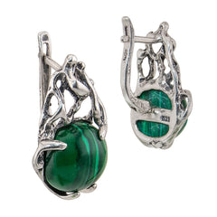 Unique Sterling Silver Earrings with Genuine Natural Malachite Gemstone Handmade Israel Jewelry