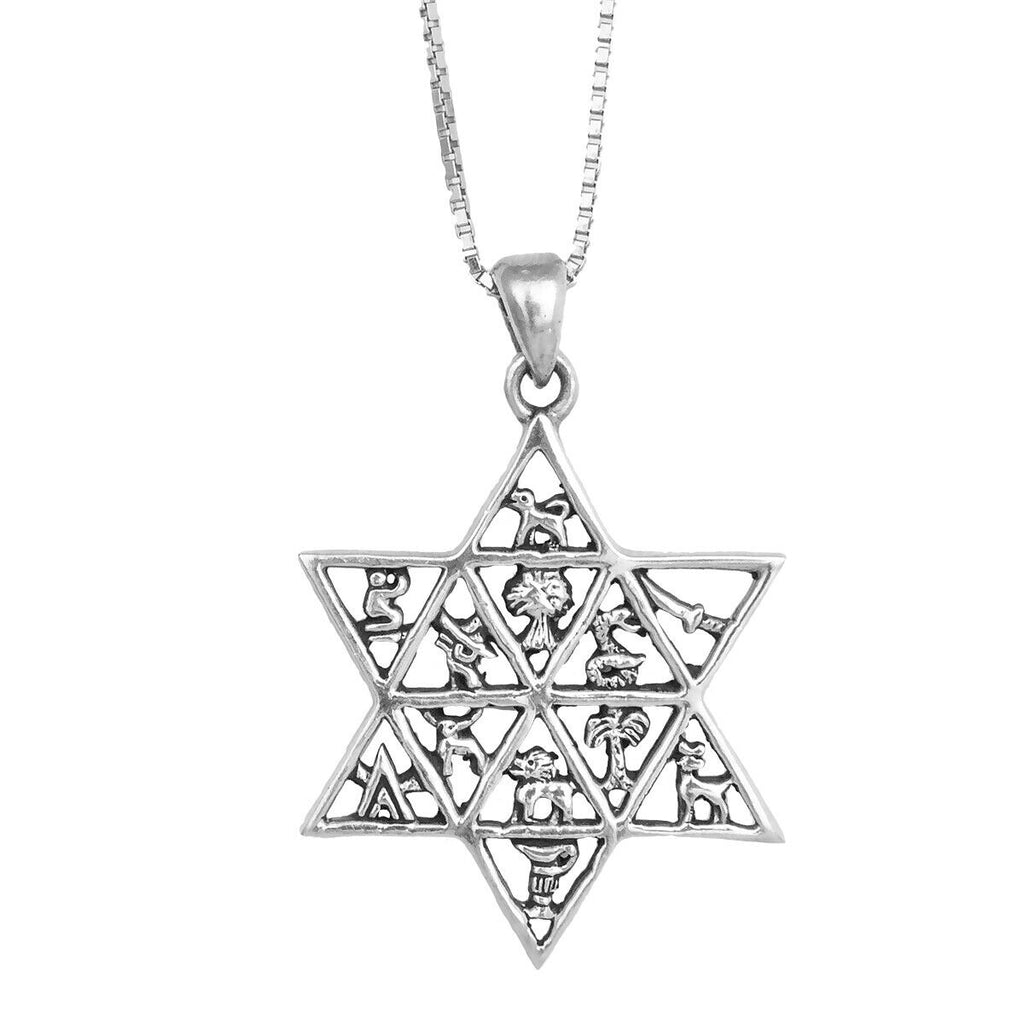 Pendant Star of David 12 tribes of Israel Sterling Silver Necklace HandMade 1.3"