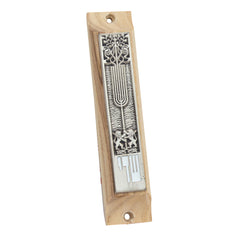 Wooden Door Mezuzah Olive Wood Enamel w/Two Lions & Menorah Non-Kosher Scroll Torah Shma Israel 3,8"