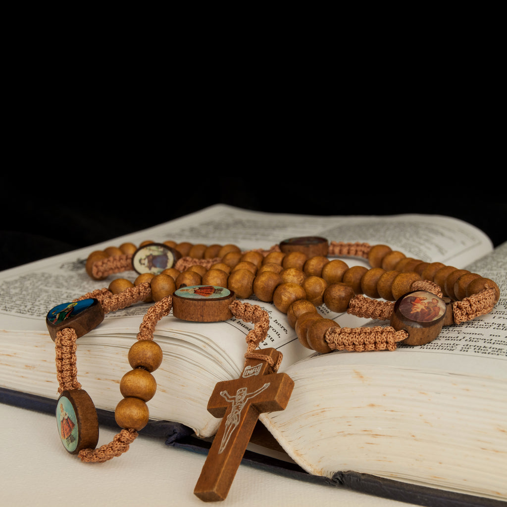 Natural Wood Rosary Beads w/ Cross Images of Saints From Jerusalem Holy Land 21"