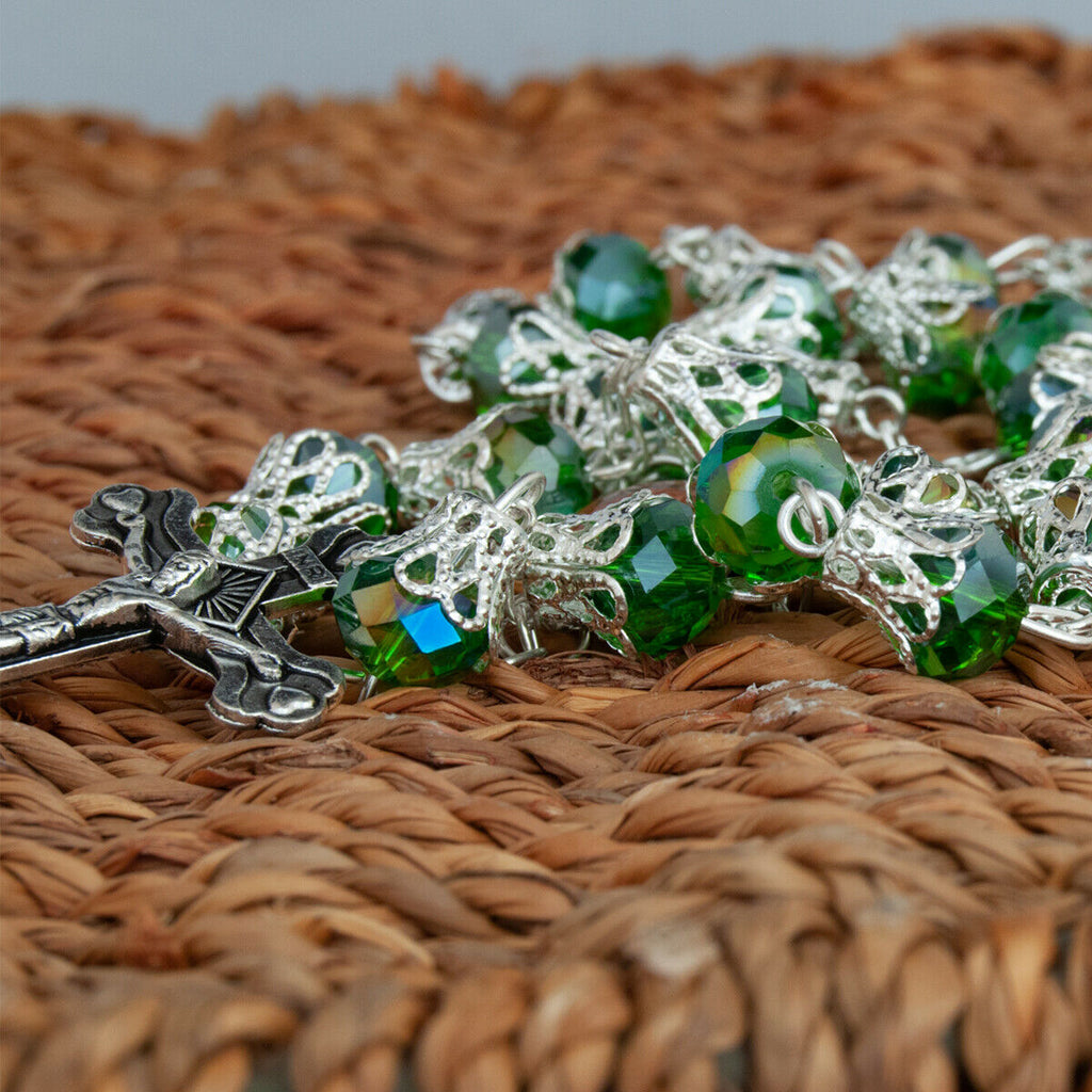Rosary Beads Silver Rainbow Green Crystal w/Сrucifix & Holy Soil Jerusalem 23,5"