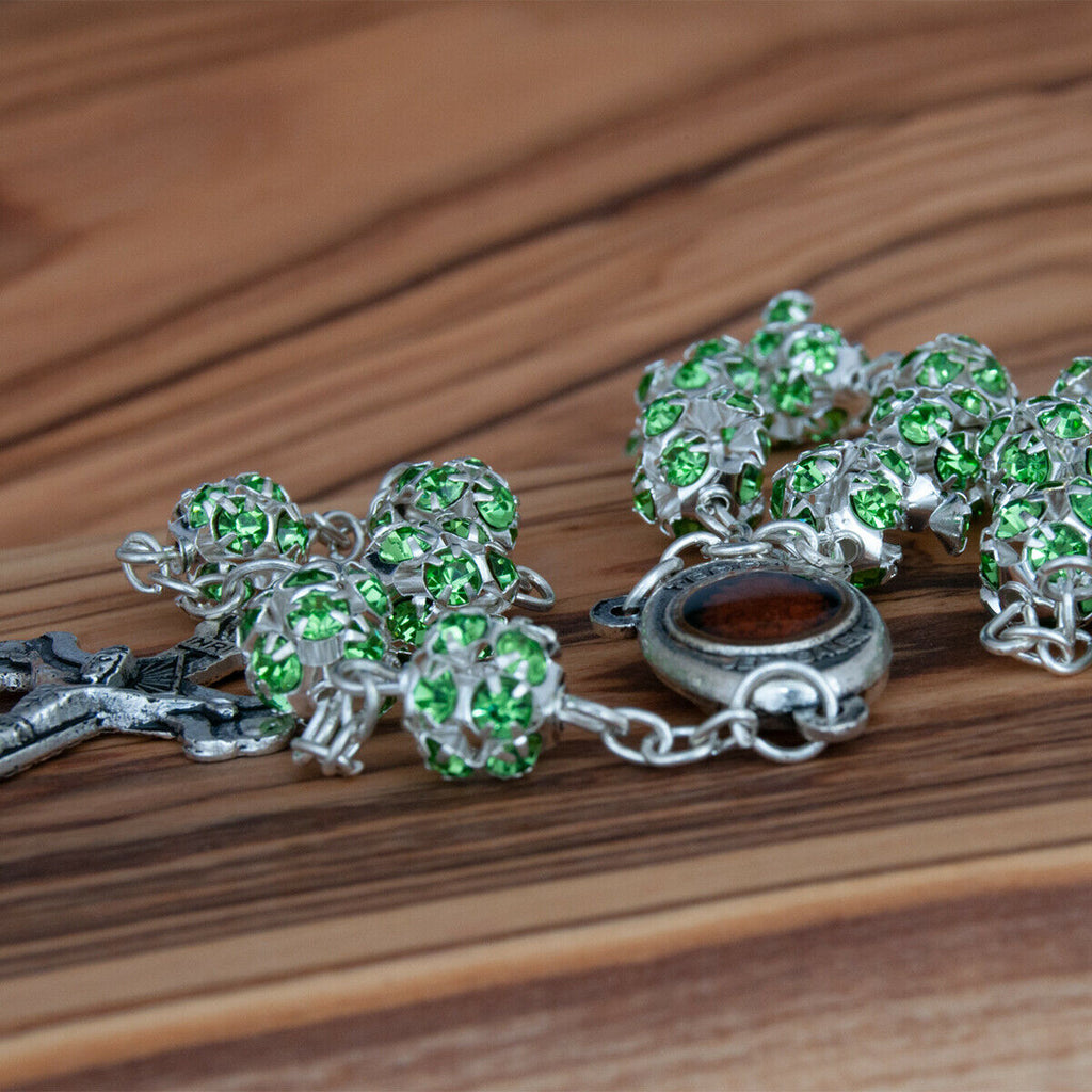 Rosary Beads Prayer Green Crystal w/Сrucifix & Holy Soil from Jerusalem 22"