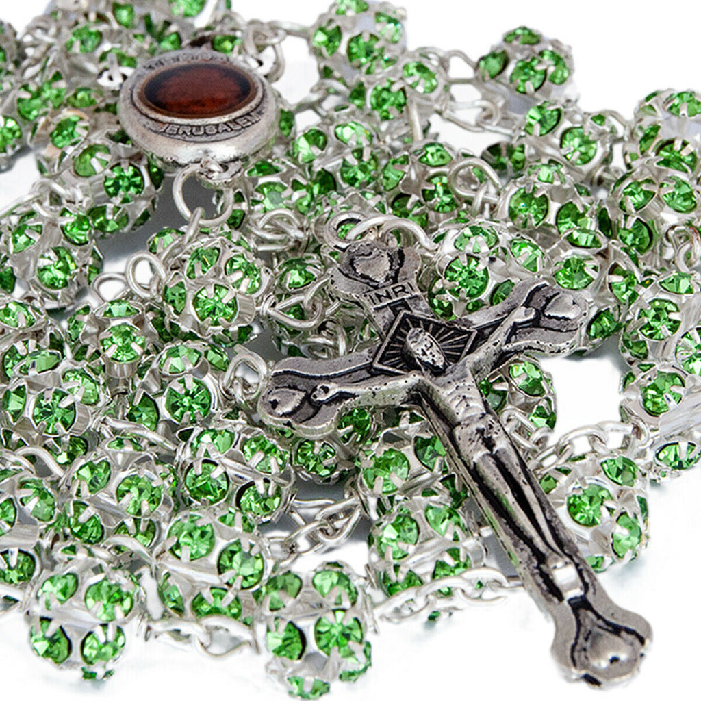 Rosary Beads Prayer Green Crystal w/Сrucifix & Holy Soil from Jerusalem 22"