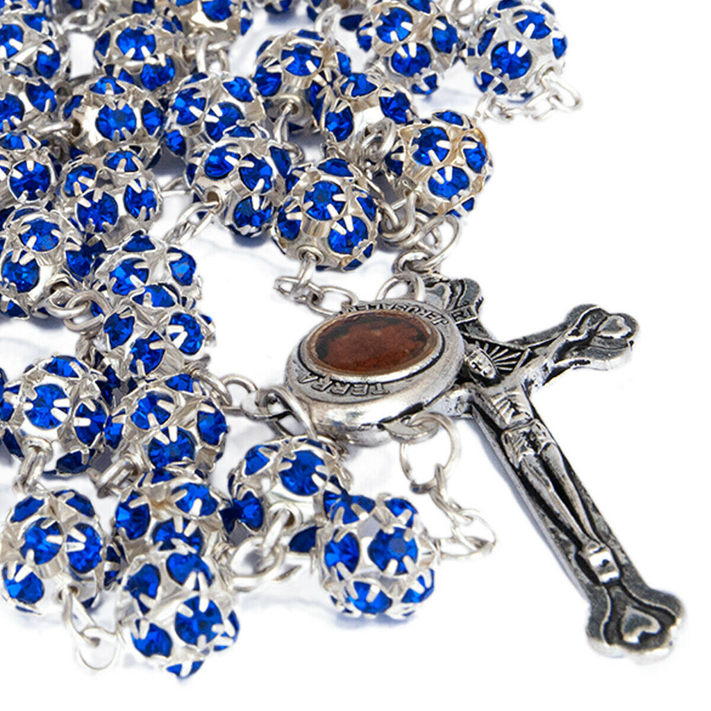 Rosary Beads Prayer Blue Crystal w/Сrucifix & Holy Soil from Jerusalem 22"