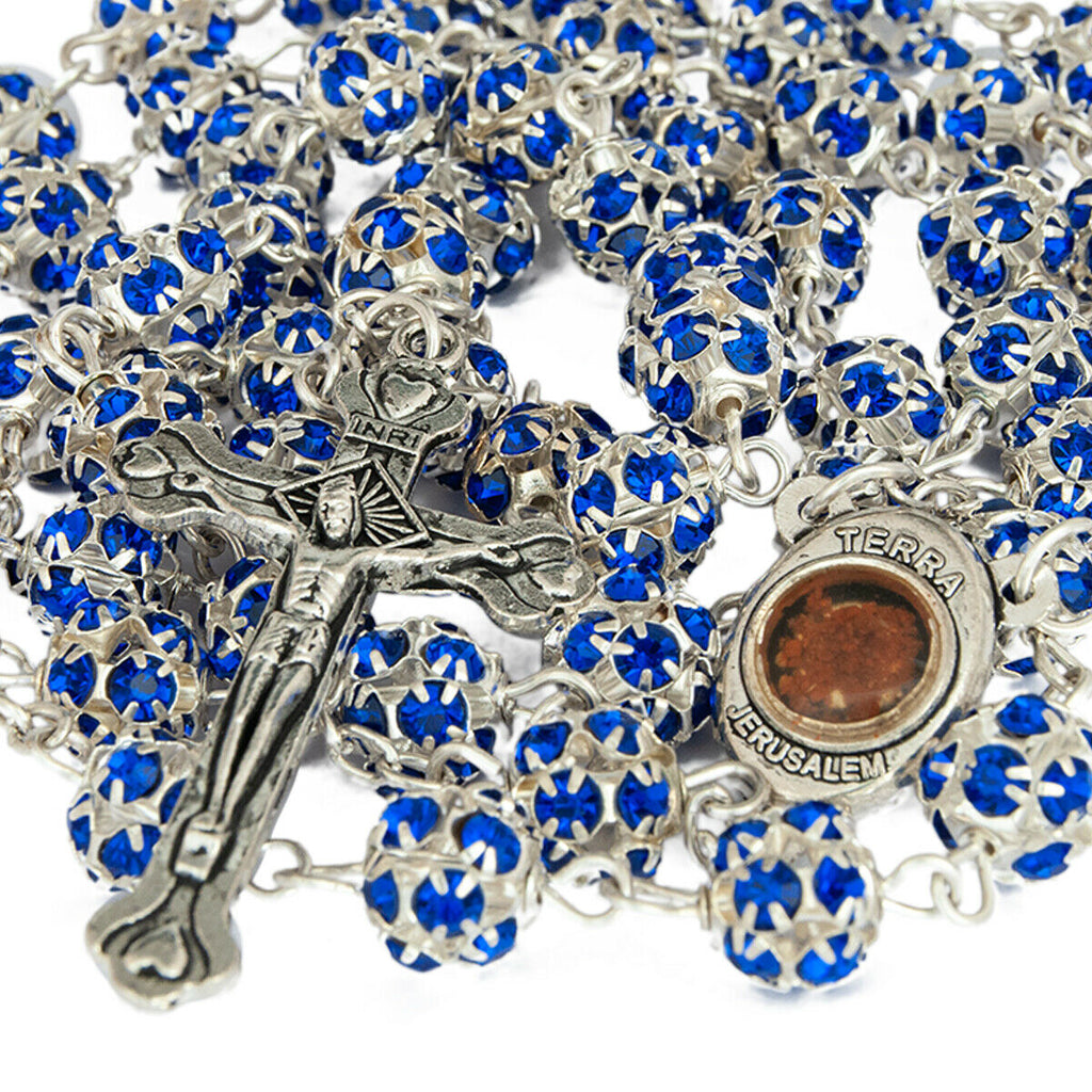 Rosary Beads Prayer Blue Crystal w/Сrucifix & Holy Soil from Jerusalem 22"
