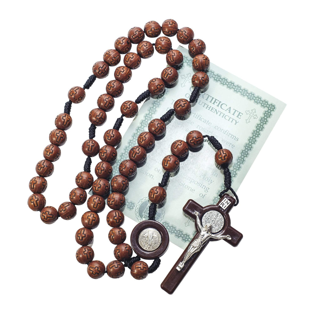 Brown Rosary Beads Decorated with Cross Decor with Order of Saint Benedict 20"