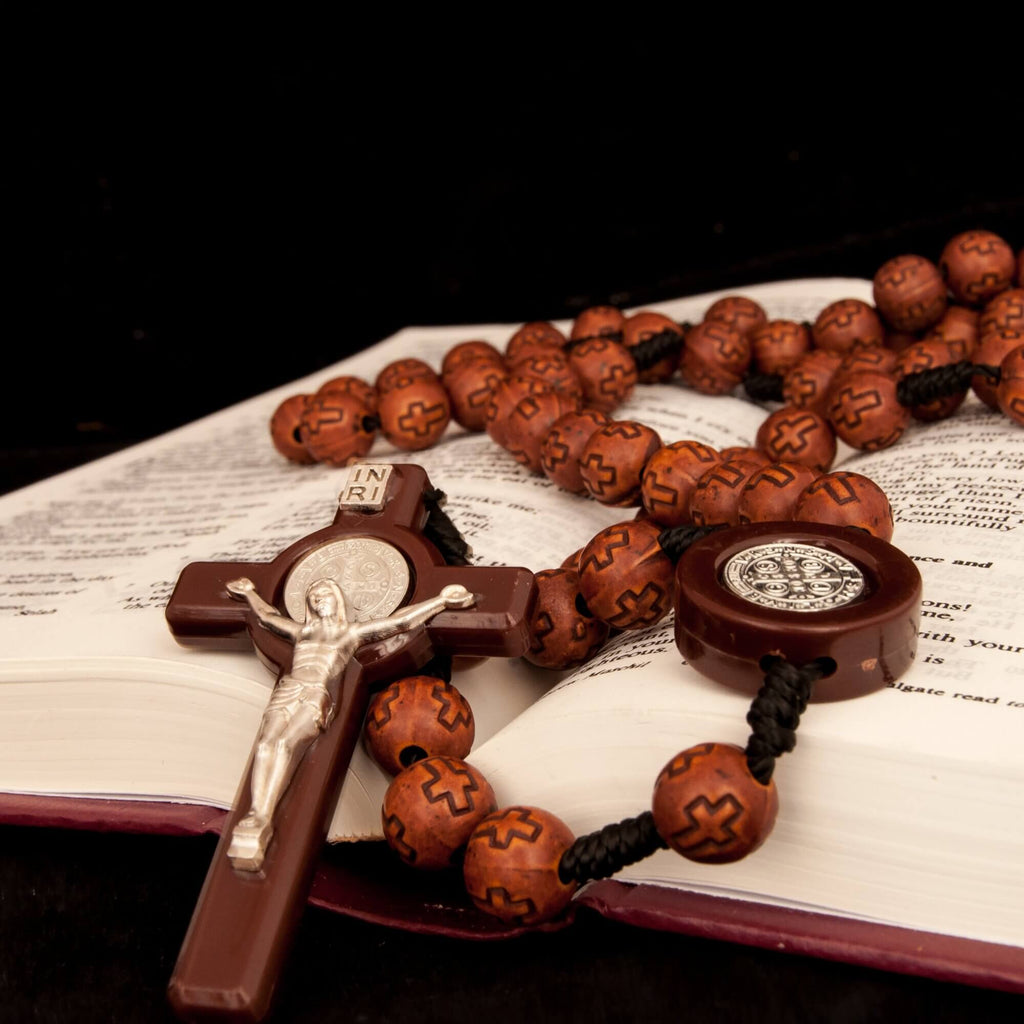 Brown Rosary Beads Decorated with Cross Decor with Order of Saint Benedict 20"