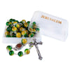 Image of Catholic Faux Green Yellow Stone Rosary Beads Crucifix & Holy Soil Jerusalem 22,5"