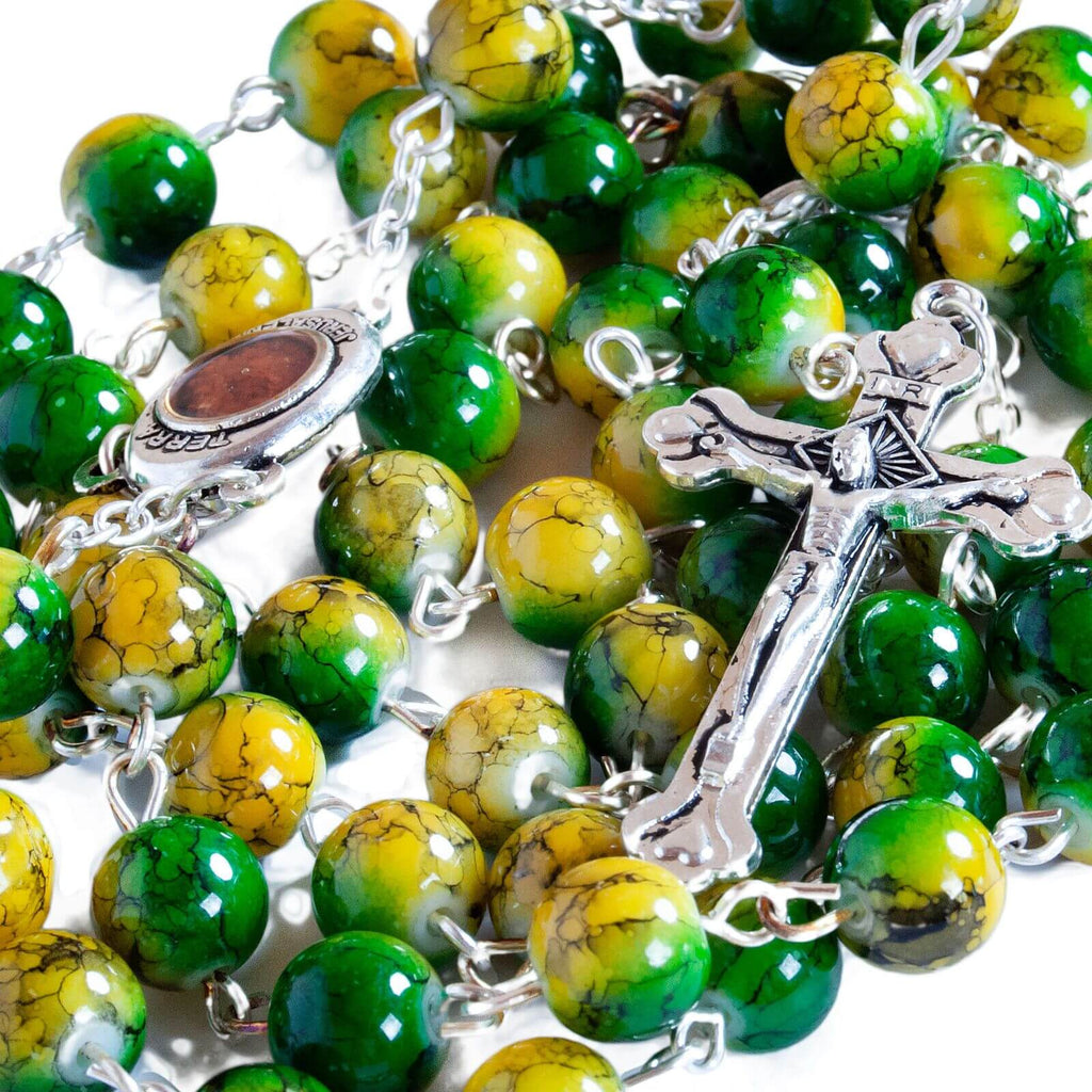 Catholic Faux Green Yellow Stone Rosary Beads Crucifix & Holy Soil Jerusalem 22,5"