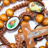 Image of Natural Wood Rosary Beads w/ Cross Images of Saints From Jerusalem Holy Land 21"