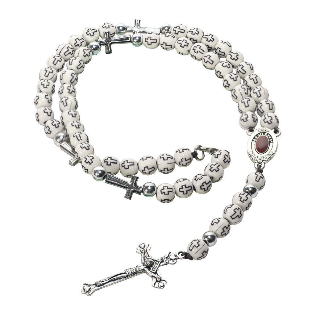 Catholic White Rosary Pendant Beads with Cross Decor and Holy Soil Jerusalem 14"