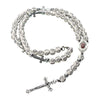 Image of Catholic White Rosary Pendant Beads with Cross Decor and Holy Soil Jerusalem 14"