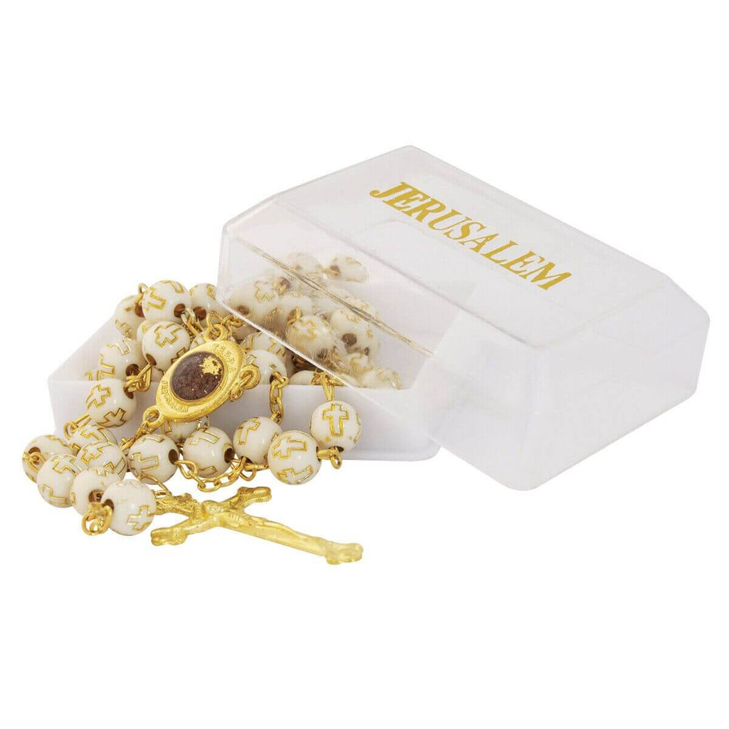 Beige Rosary Beads with Cross Gold Plated and Holy Soil from Jerusalem 22"