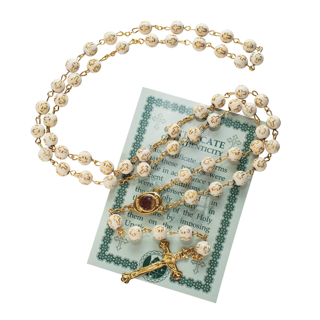 Beige Rosary Beads with Cross Gold Plated and Holy Soil from Jerusalem 22"