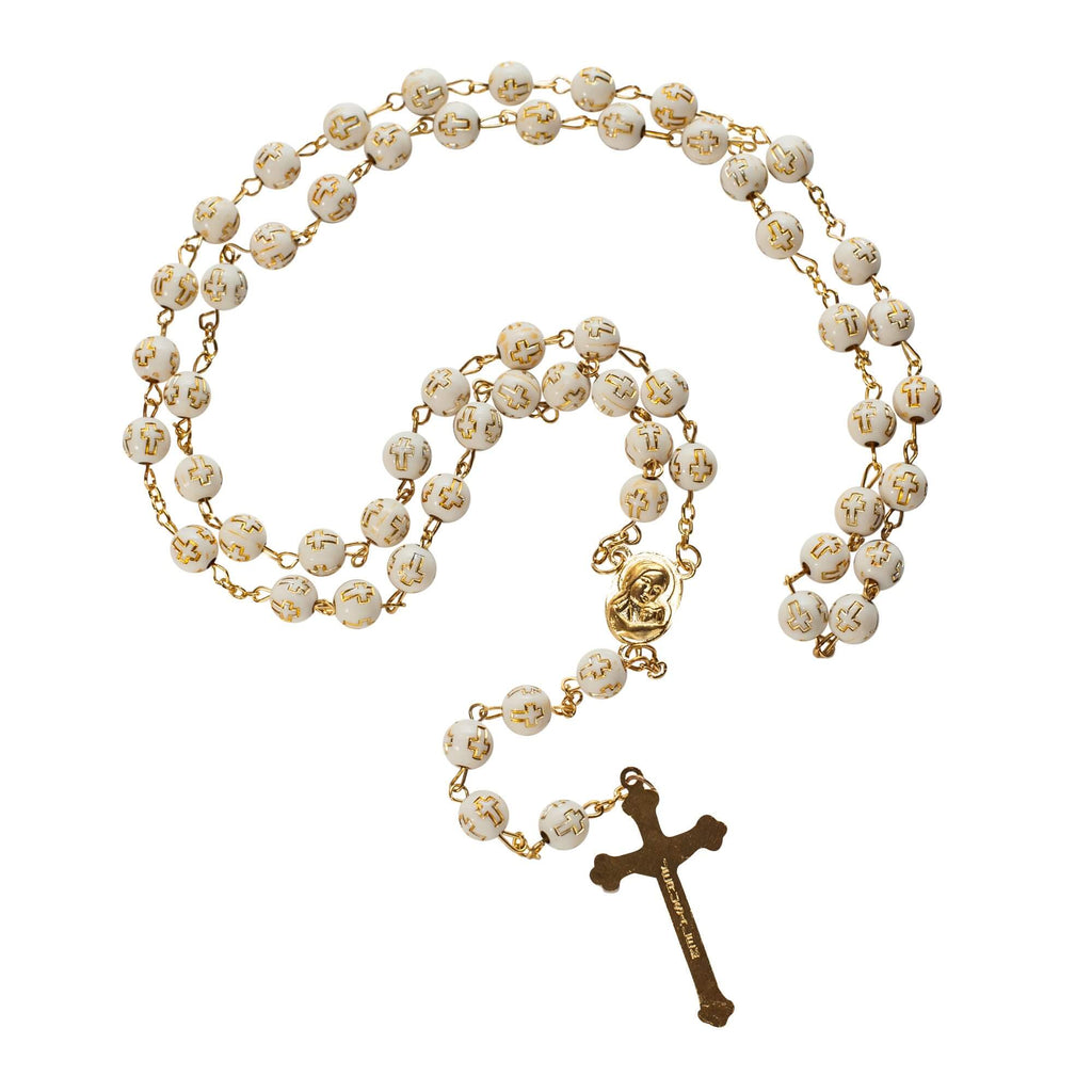 Beige Rosary Beads with Cross Gold Plated and Holy Soil from Jerusalem 22"