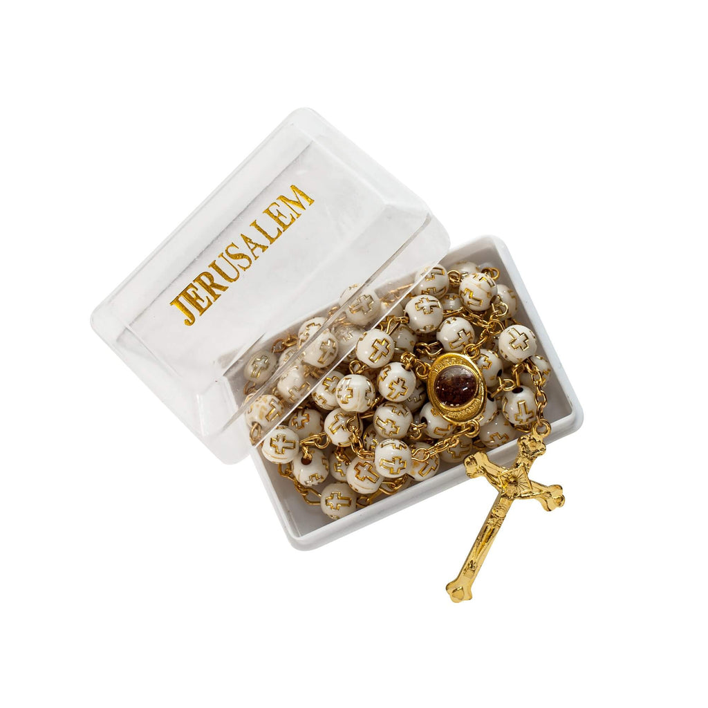 Beige Rosary Beads with Cross Gold Plated and Holy Soil from Jerusalem 22"