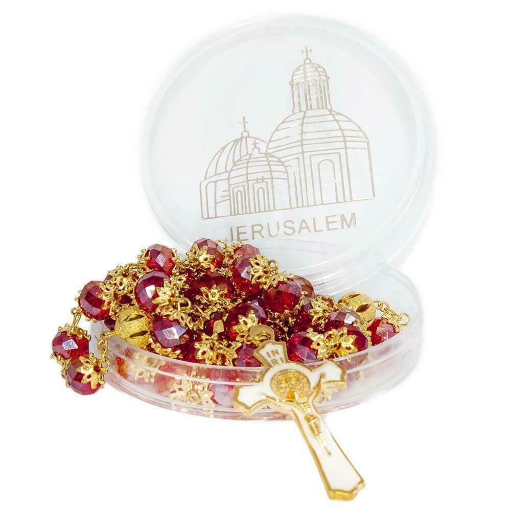 Catholic Rosary Beads Red Crystal Medal Crucifix Prayer Necklace Jerusalem 20,5"