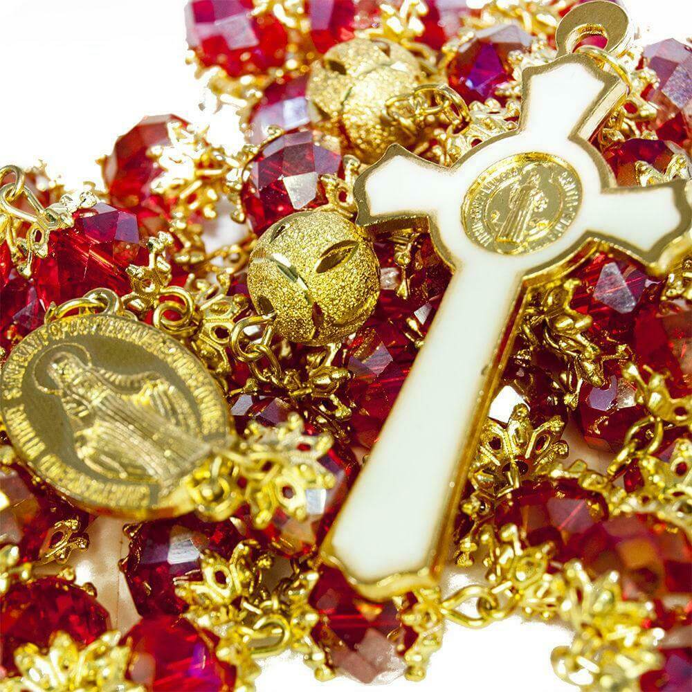 Catholic Rosary Beads Red Crystal Medal Crucifix Prayer Necklace Jerusalem 20,5"
