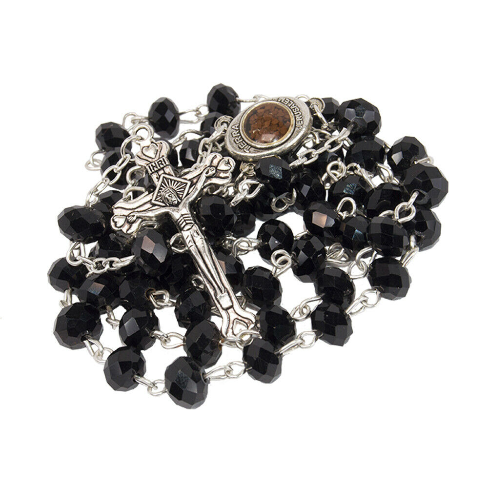Rosary Beads with INRI Black Crystal Beaded from Jerusalem the Holy Land 20,4"