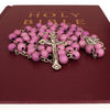 Image of Aroma Pink Wooden Rosary Beads w/Jerusalem Cross Crucifix in Box from Holy Land Gift 18,5"