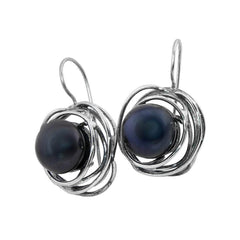 Handmade Sterling Silver Earrings w/Natural Black Pearl from Israel 1,27"