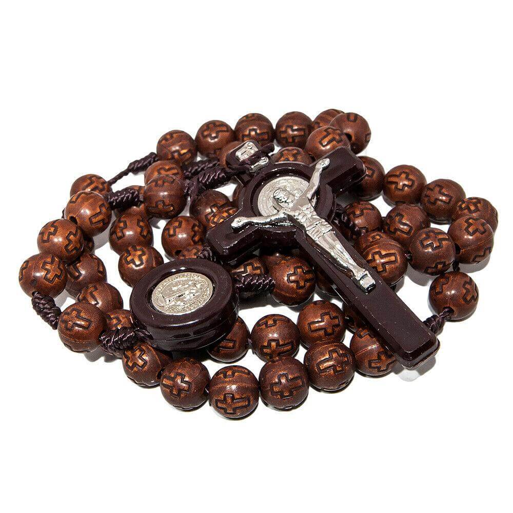 Brown Rosary Beads Decorated with Cross Decor with Order of Saint Benedict 20"